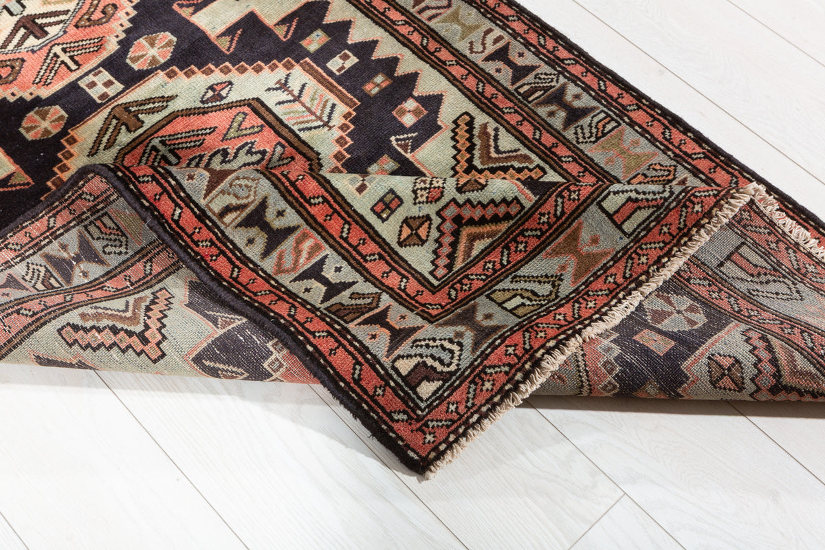 Vintage Navy Blue and Soft Blue Four Medallion Panel Area Rug – 6' 2" x 2' 11" (187 x 89 cm)