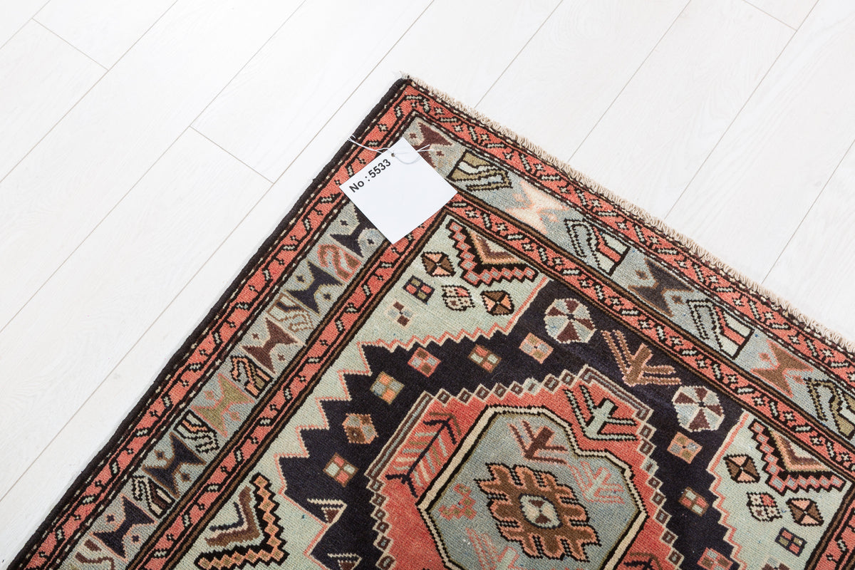 Vintage Navy Blue and Soft Blue Four Medallion Panel Area Rug – 6' 2" x 2' 11" (187 x 89 cm)