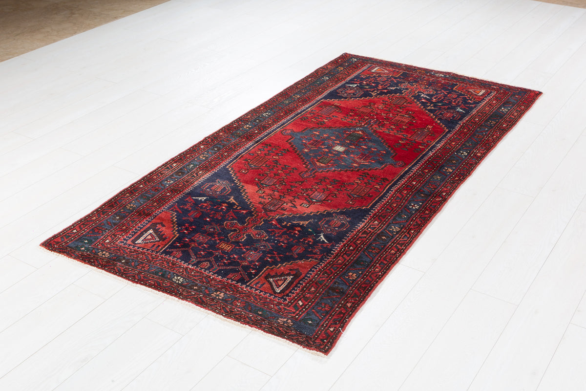 Vintage Red and Navy Blue Elongated Medallion Hand-Knotted Area Rug – 6' 8" x 3' 5" (204 x 104 cm)