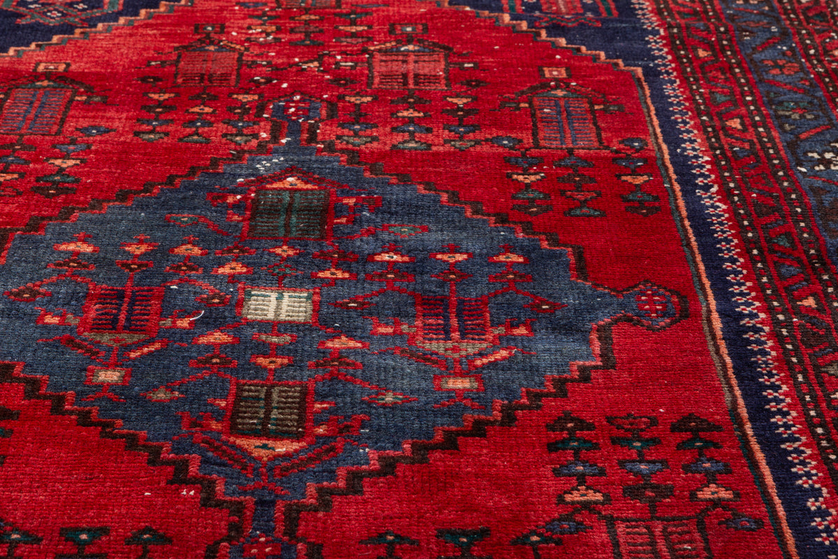 Vintage Red and Navy Blue Elongated Medallion Hand-Knotted Area Rug – 6' 8" x 3' 5" (204 x 104 cm)