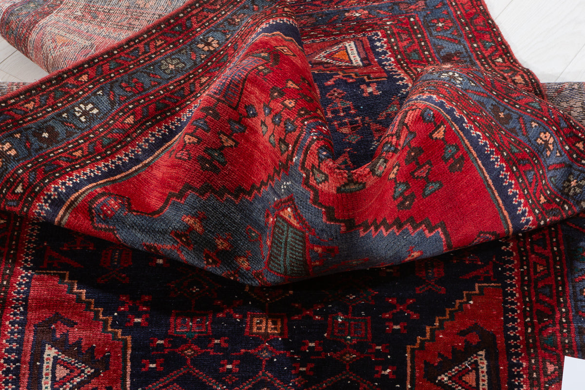 Vintage Red and Navy Blue Elongated Medallion Hand-Knotted Area Rug – 6' 8" x 3' 5" (204 x 104 cm)