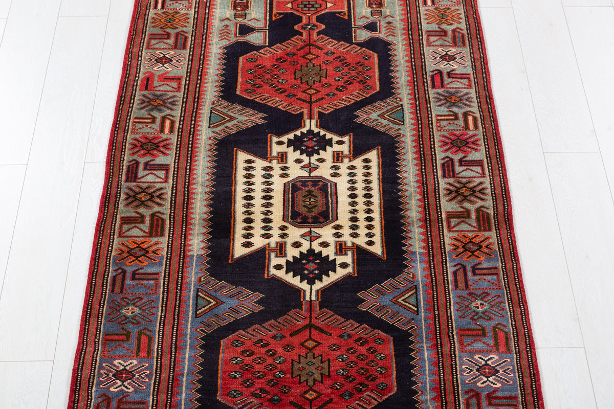 Vintage Blue, Navy Blue, and Red Triple Diamond Medallion Hand-Knotted Area Rug – 6' 9" x 3' 3" (205 x 100 cm)