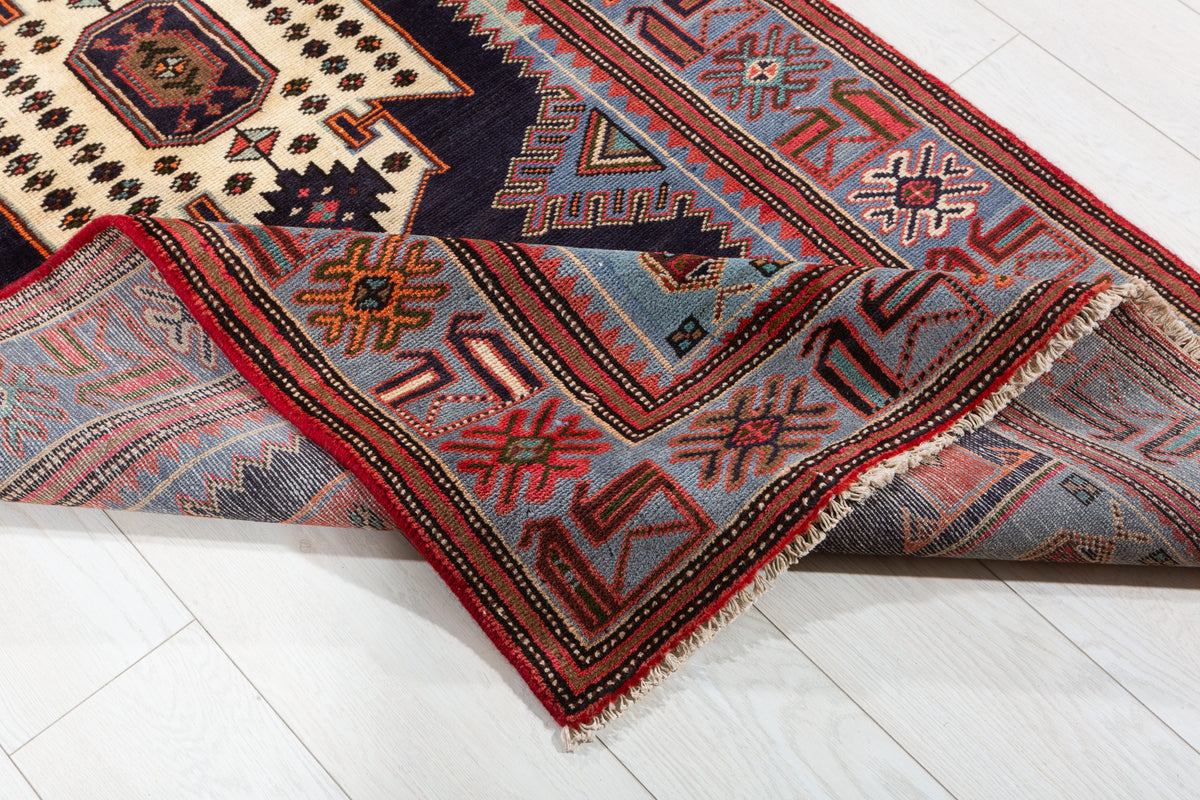Vintage Blue, Navy Blue, and Red Triple Diamond Medallion Hand-Knotted Area Rug – 6' 9" x 3' 3" (205 x 100 cm)