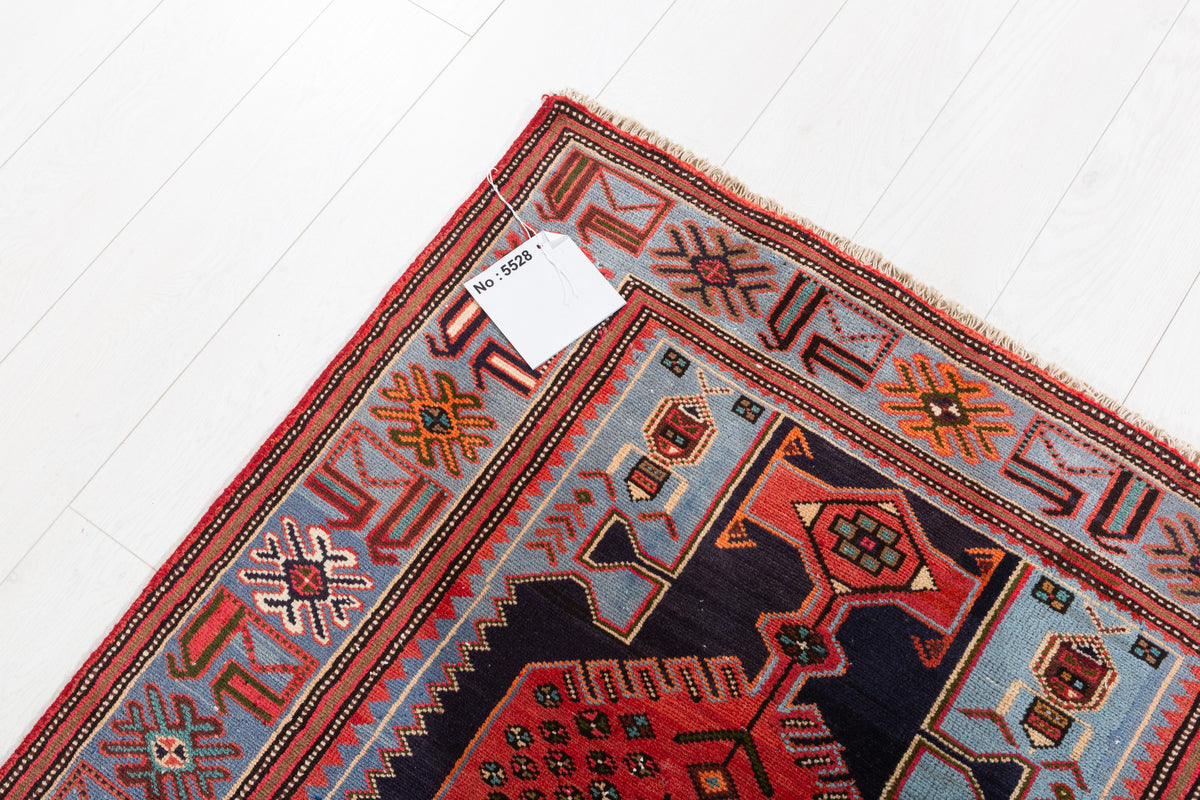 Vintage Blue, Navy Blue, and Red Triple Diamond Medallion Hand-Knotted Area Rug – 6' 9" x 3' 3" (205 x 100 cm)