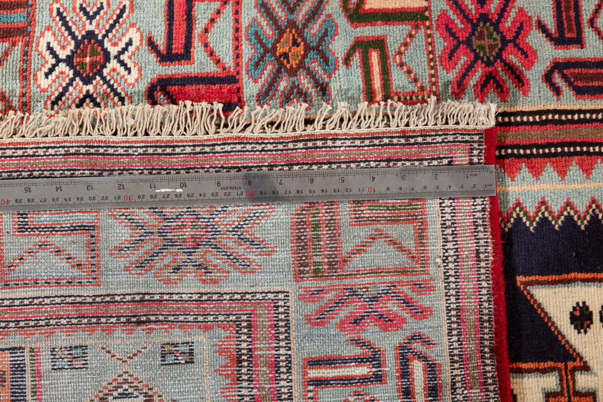 Vintage Blue, Navy Blue, and Red Triple Diamond Medallion Hand-Knotted Area Rug – 6' 9" x 3' 3" (205 x 100 cm)