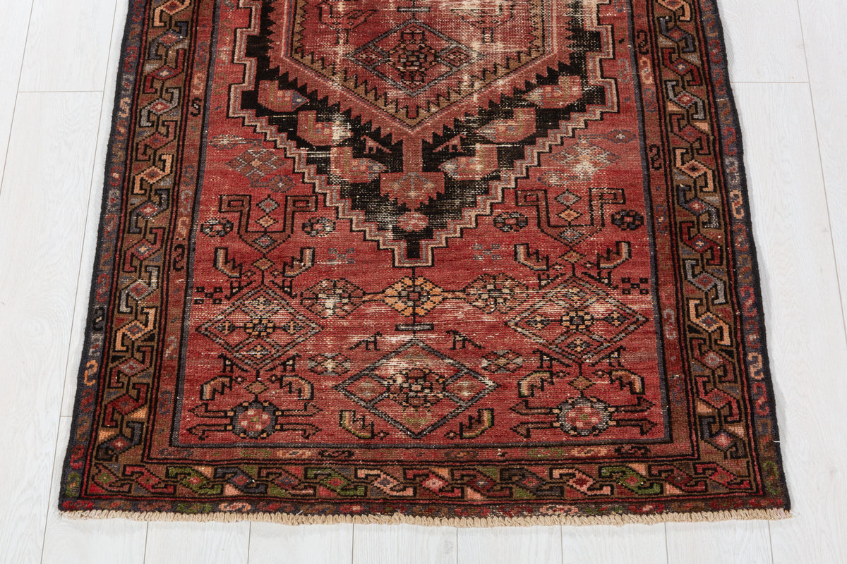 Antique Distressed Brick Red and Black Medallion Hand-Knotted Area Rug – 6' 6" x 3' 3" (197 x 100 cm)