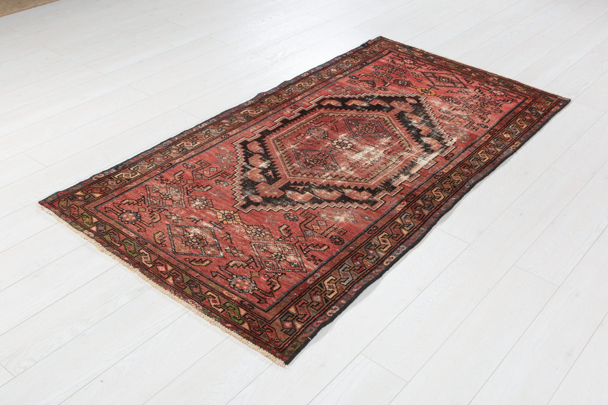 Antique Distressed Brick Red and Black Medallion Hand-Knotted Area Rug – 6' 6" x 3' 3" (197 x 100 cm)