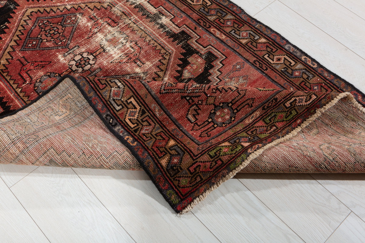 Antique Distressed Brick Red and Black Medallion Hand-Knotted Area Rug – 6' 6" x 3' 3" (197 x 100 cm)