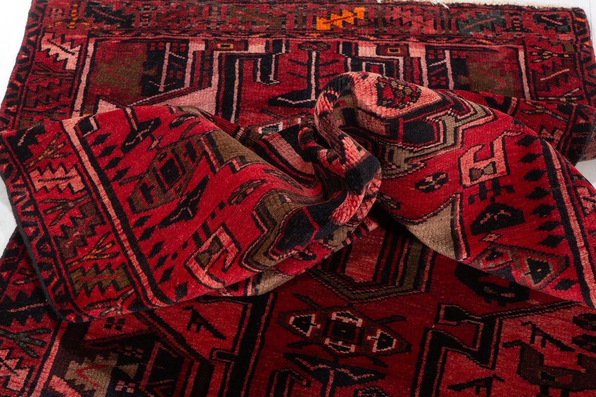 Vintage Red and Pink Bold Tribal Geometric Hand-Knotted Area Rug – 6' 10" x 3' 7" (209 x 110 cm)