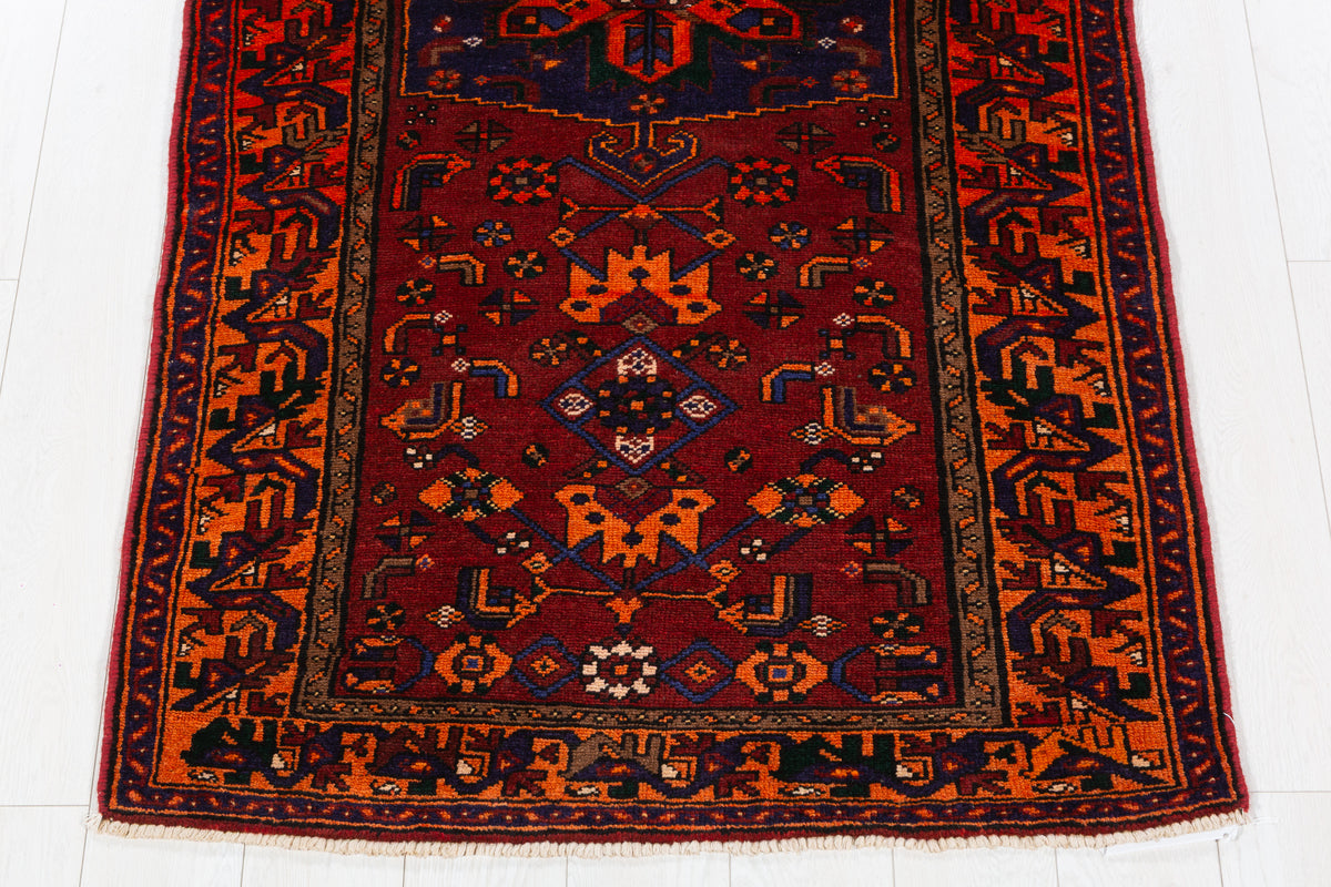 Vintage Rust Red, Orange, and Navy Blue Geometric Medallion Hand-Knotted Area Rug – 6' 7" x 3' 5" (200 x 105 cm)