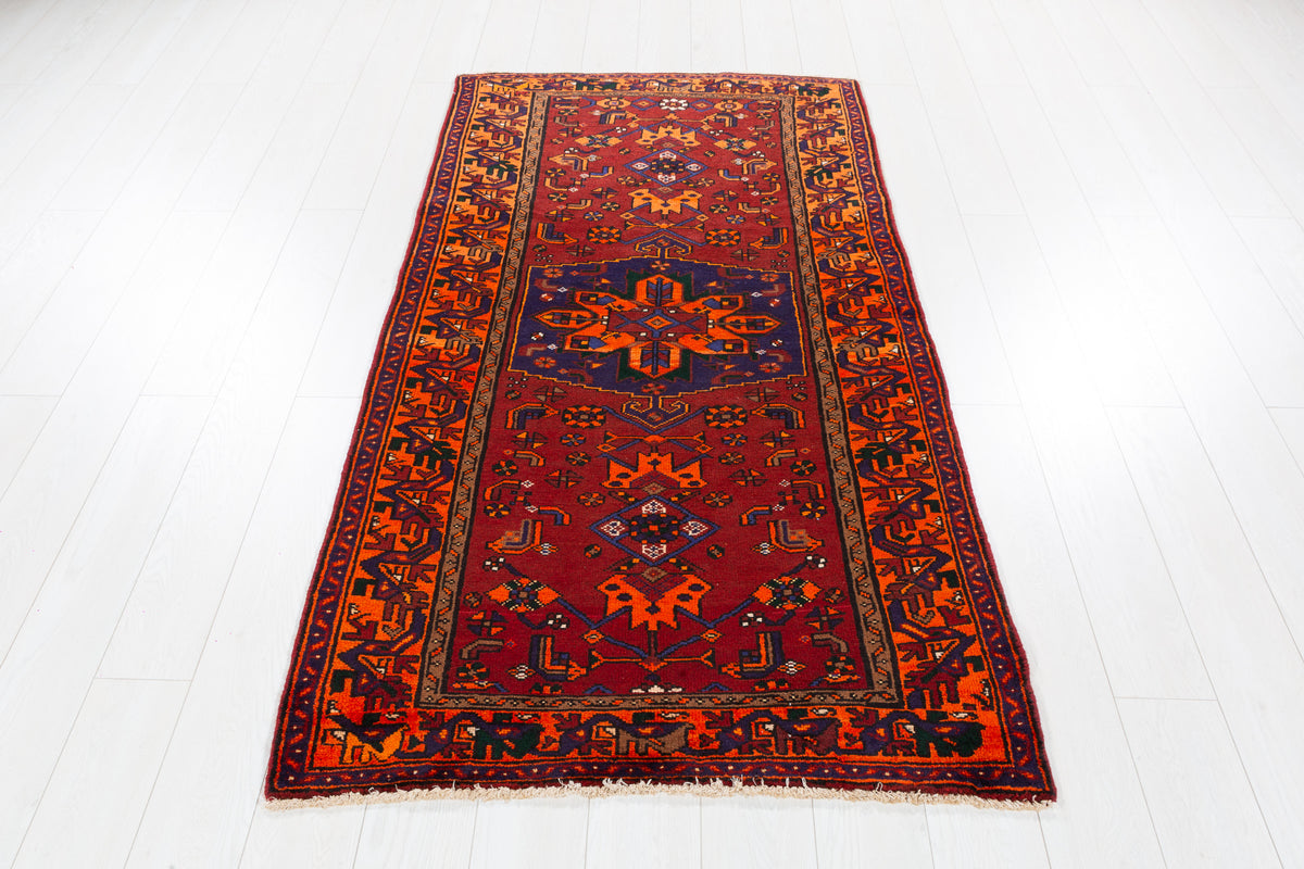 Vintage Rust Red, Orange, and Navy Blue Geometric Medallion Hand-Knotted Area Rug – 6' 7" x 3' 5" (200 x 105 cm)