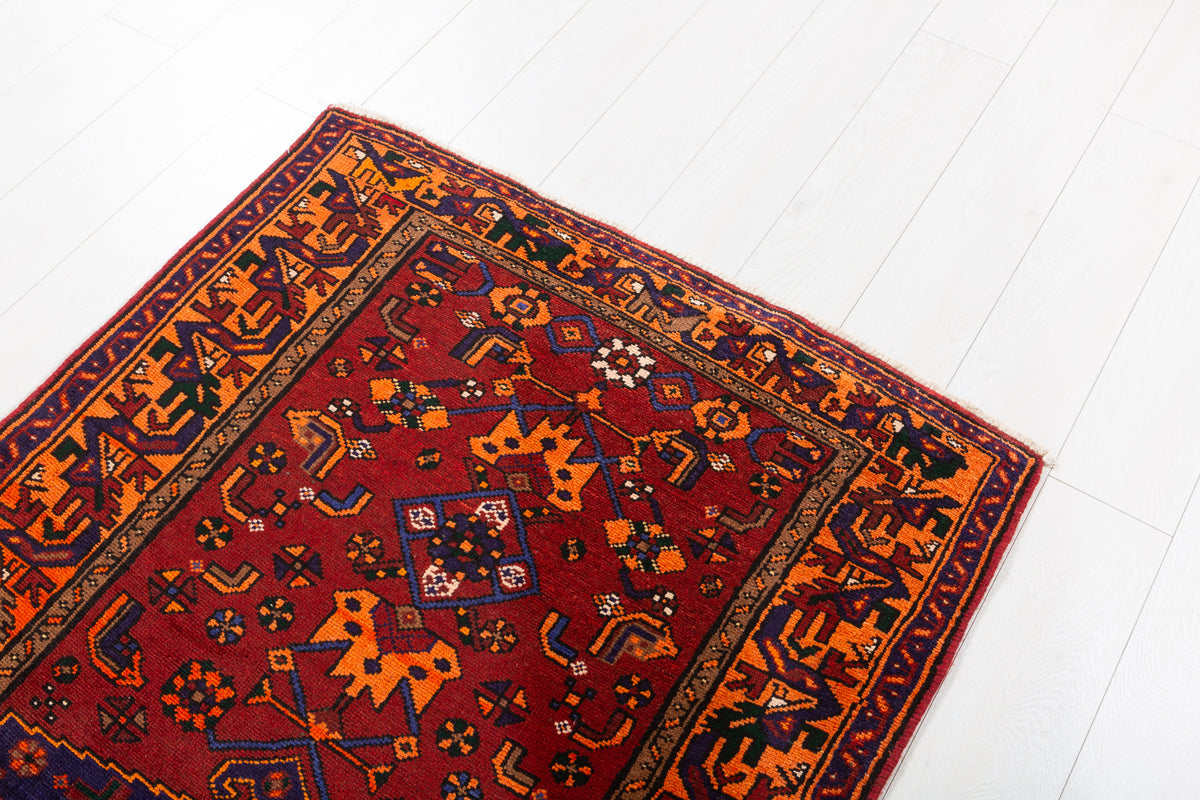 Vintage Rust Red, Orange, and Navy Blue Geometric Medallion Hand-Knotted Area Rug – 6' 7" x 3' 5" (200 x 105 cm)