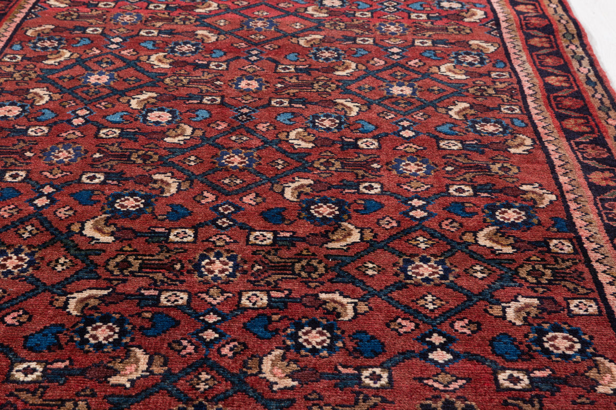 Vintage Rust Red Allover Diamond Lattice Hand-Knotted Area Rug – 7' 2" x 3' 5" (219 x 105 cm)