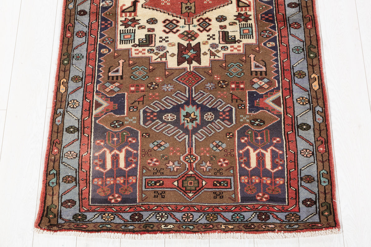 Vintage Brown and Blue Geometric Medallion Hand-Knotted Area Rug – 6' 4" x 3' 3" (194 x 98 cm)