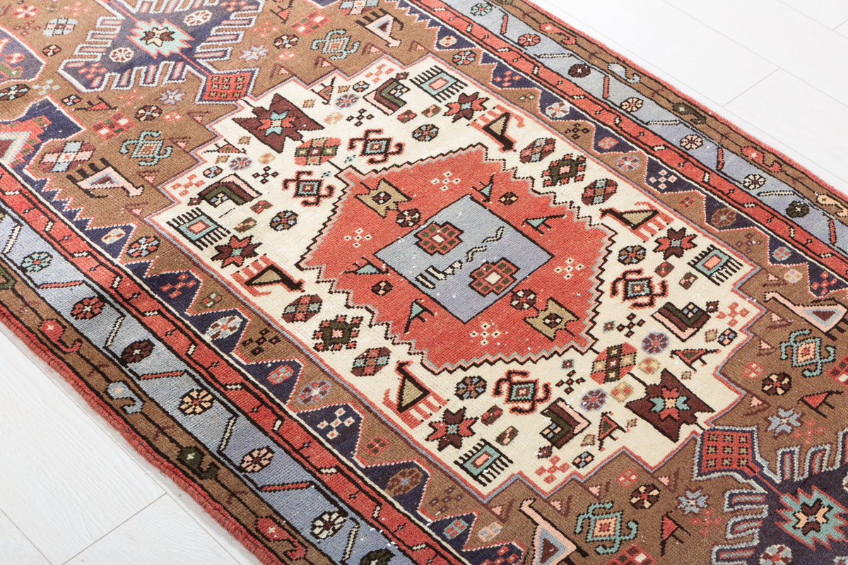 Vintage Brown and Blue Geometric Medallion Hand-Knotted Area Rug – 6' 4" x 3' 3" (194 x 98 cm)