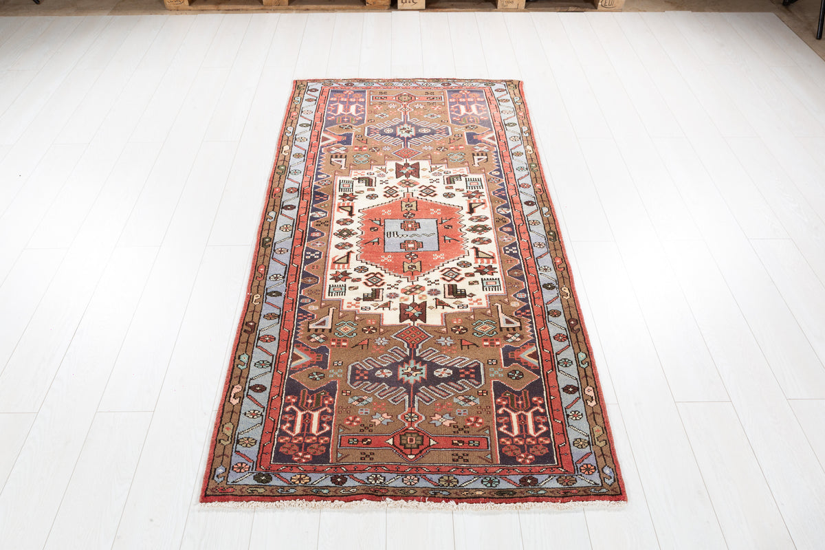 Vintage Brown and Blue Geometric Medallion Hand-Knotted Area Rug – 6' 4" x 3' 3" (194 x 98 cm)