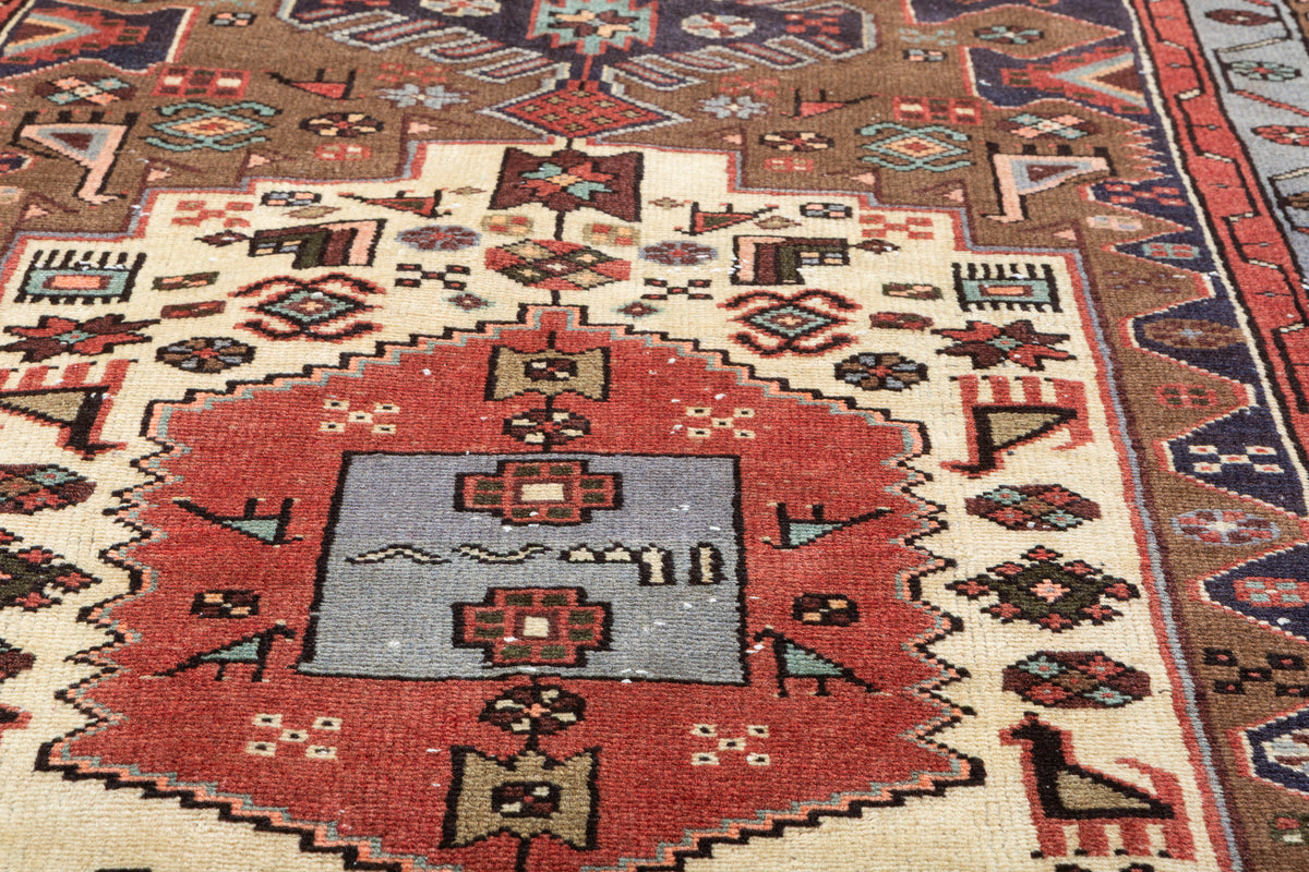 Vintage Brown and Blue Geometric Medallion Hand-Knotted Area Rug – 6' 4" x 3' 3" (194 x 98 cm)