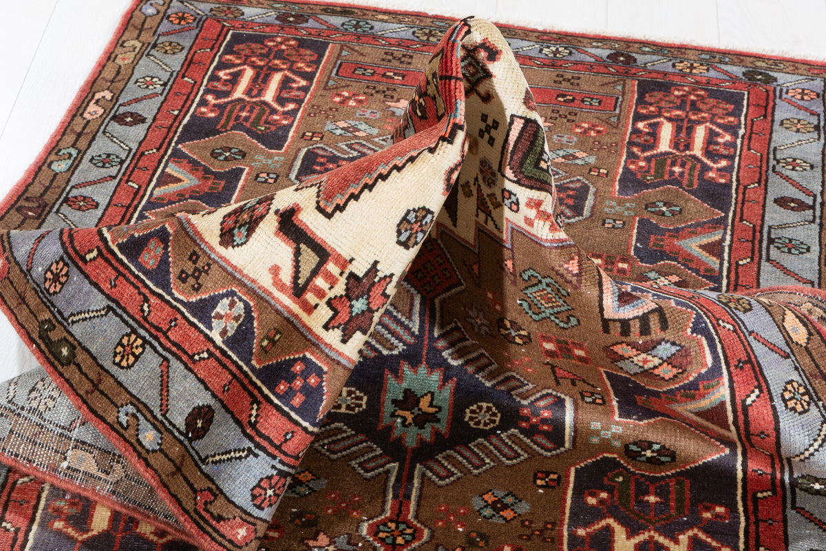 Vintage Brown and Blue Geometric Medallion Hand-Knotted Area Rug – 6' 4" x 3' 3" (194 x 98 cm)