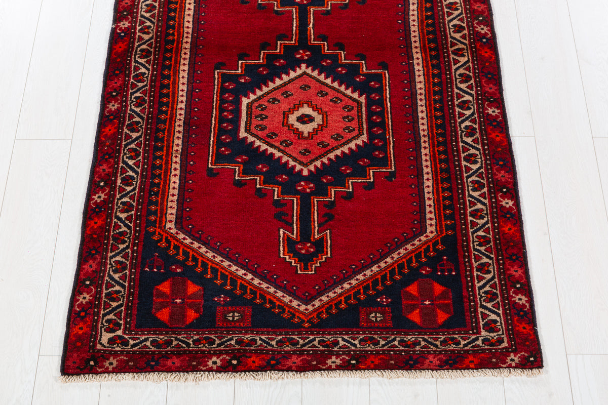 Vintage Red and Navy Blue Medallion Hand-Knotted Area Rug – 6' 8" x 3' 5" (202 x 104 cm)