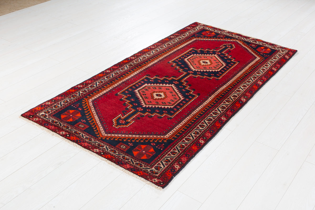 Vintage Red and Navy Blue Medallion Hand-Knotted Area Rug – 6' 8" x 3' 5" (202 x 104 cm)