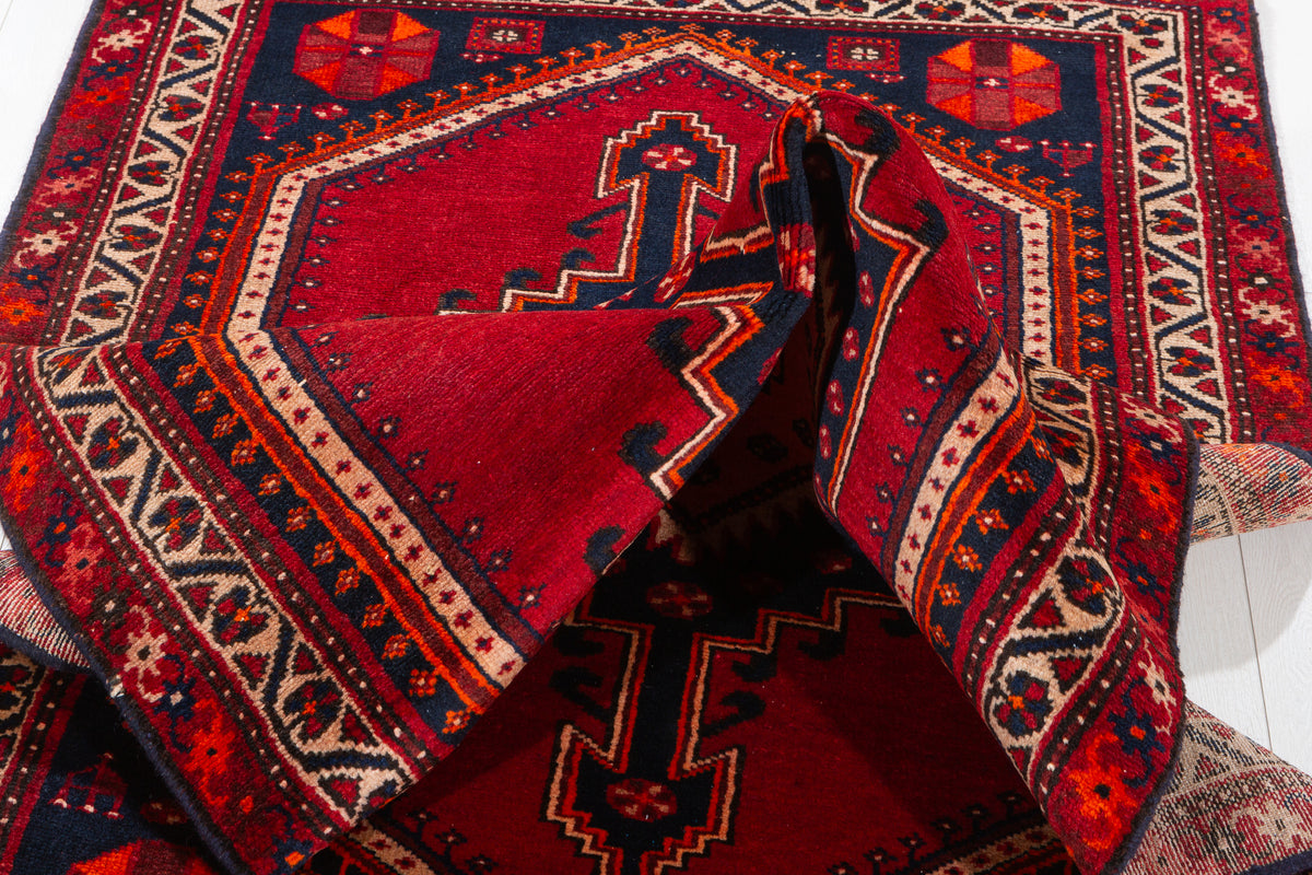 Vintage Red and Navy Blue Medallion Hand-Knotted Area Rug – 6' 8" x 3' 5" (202 x 104 cm)