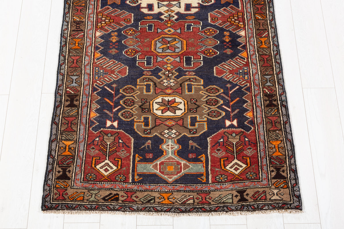 Vintage Navy Blue, Red, and Brown Allover Geometric Hand-Knotted Area Rug – 7' 5" x 3' 4" (227 x 102 cm)