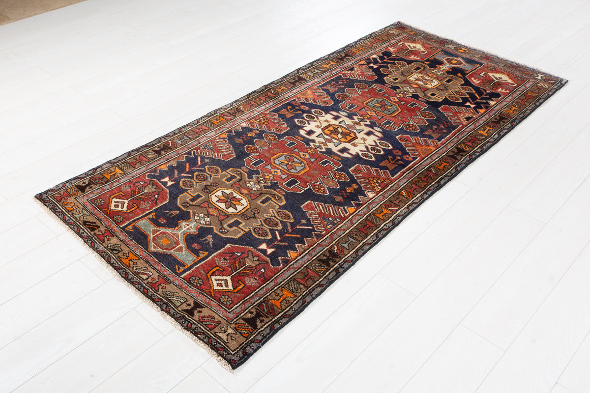 Vintage Navy Blue, Red, and Brown Allover Geometric Hand-Knotted Area Rug – 7' 5" x 3' 4" (227 x 102 cm)