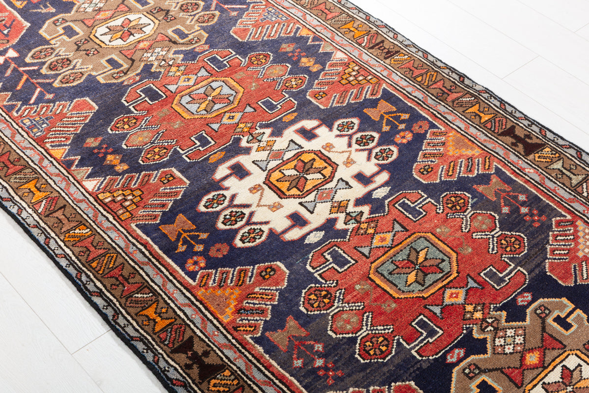 Vintage Navy Blue, Red, and Brown Allover Geometric Hand-Knotted Area Rug – 7' 5" x 3' 4" (227 x 102 cm)