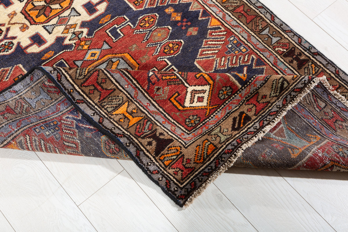 Vintage Navy Blue, Red, and Brown Allover Geometric Hand-Knotted Area Rug – 7' 5" x 3' 4" (227 x 102 cm)