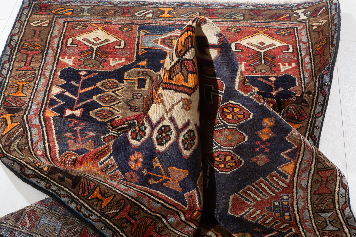 Vintage Navy Blue, Red, and Brown Allover Geometric Hand-Knotted Area Rug – 7' 5" x 3' 4" (227 x 102 cm)