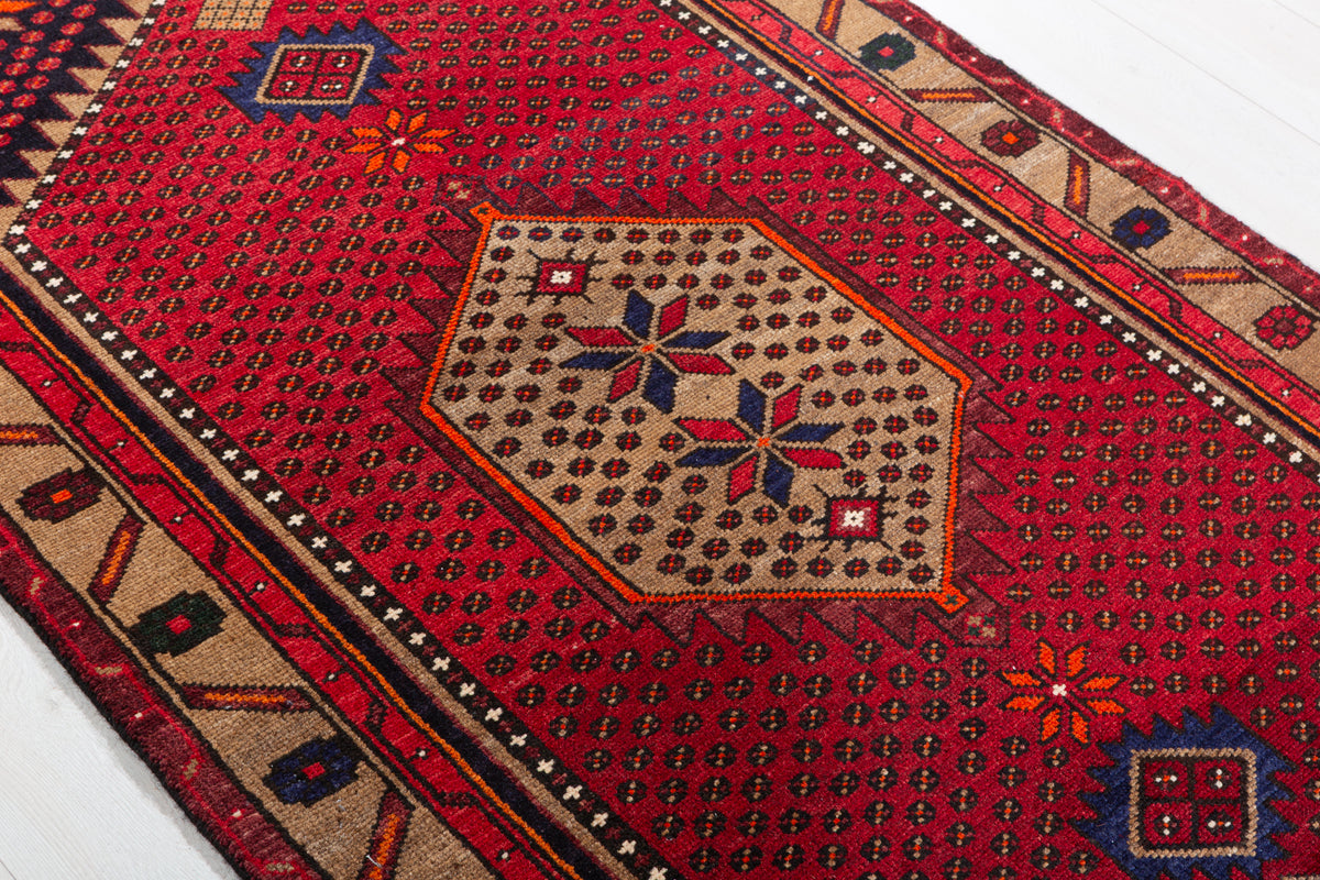 Vintage Red and Brown Allover Geometric Hand-Knotted Area Rug – 6' 6" x 3' 5" (198 x 104 cm)