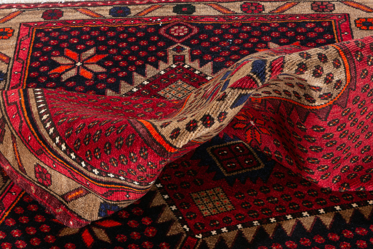 Vintage Red and Brown Allover Geometric Hand-Knotted Area Rug – 6' 6" x 3' 5" (198 x 104 cm)