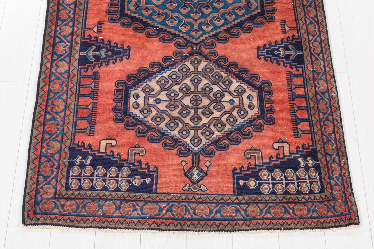 Collectible Vintage Orange and Blue Hexagonal Medallion Hand-Knotted Area Rug – 6' 7" x 3' 7" (200 x 108 cm)