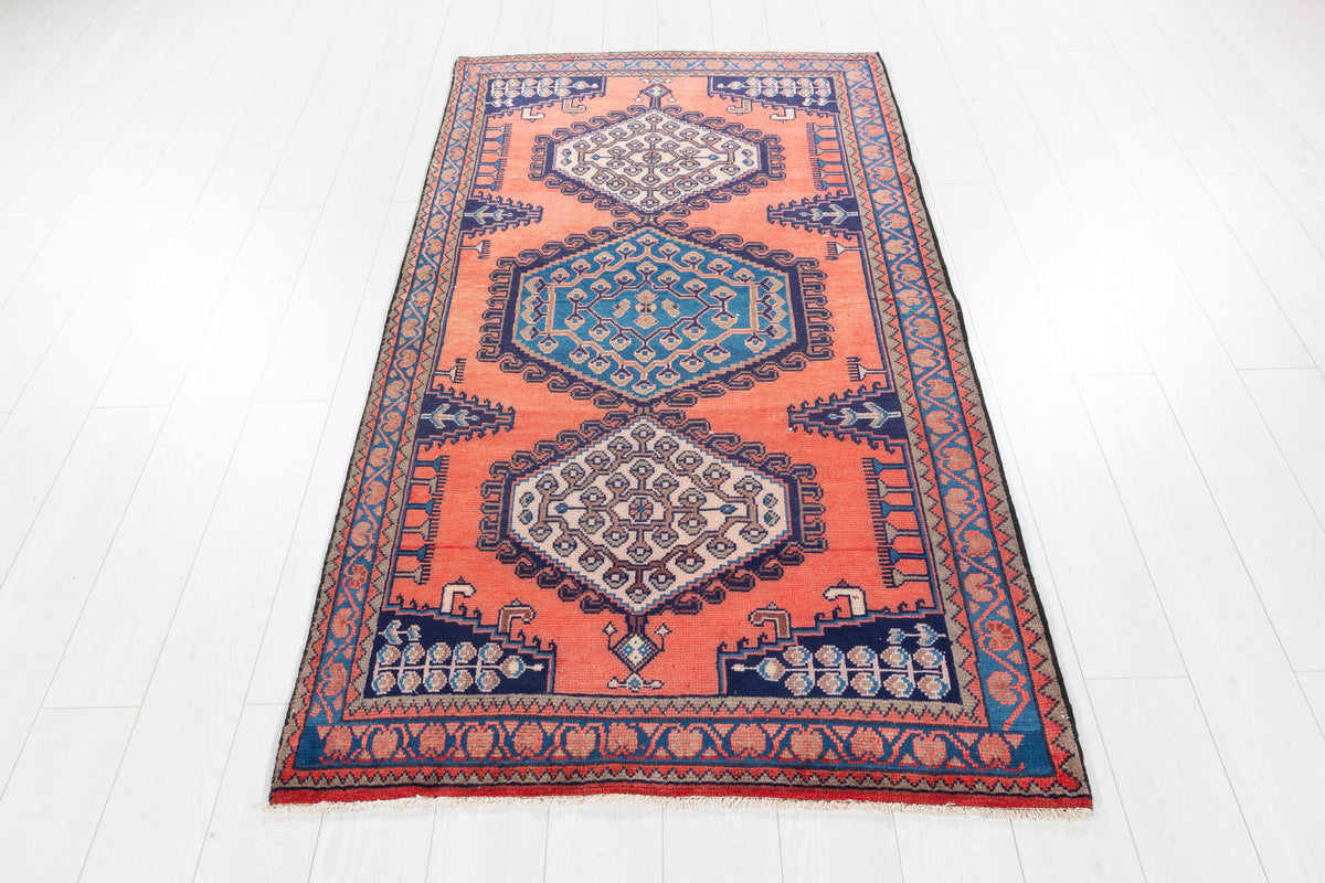 Collectible Vintage Orange and Blue Hexagonal Medallion Hand-Knotted Area Rug – 6' 7" x 3' 7" (200 x 108 cm)