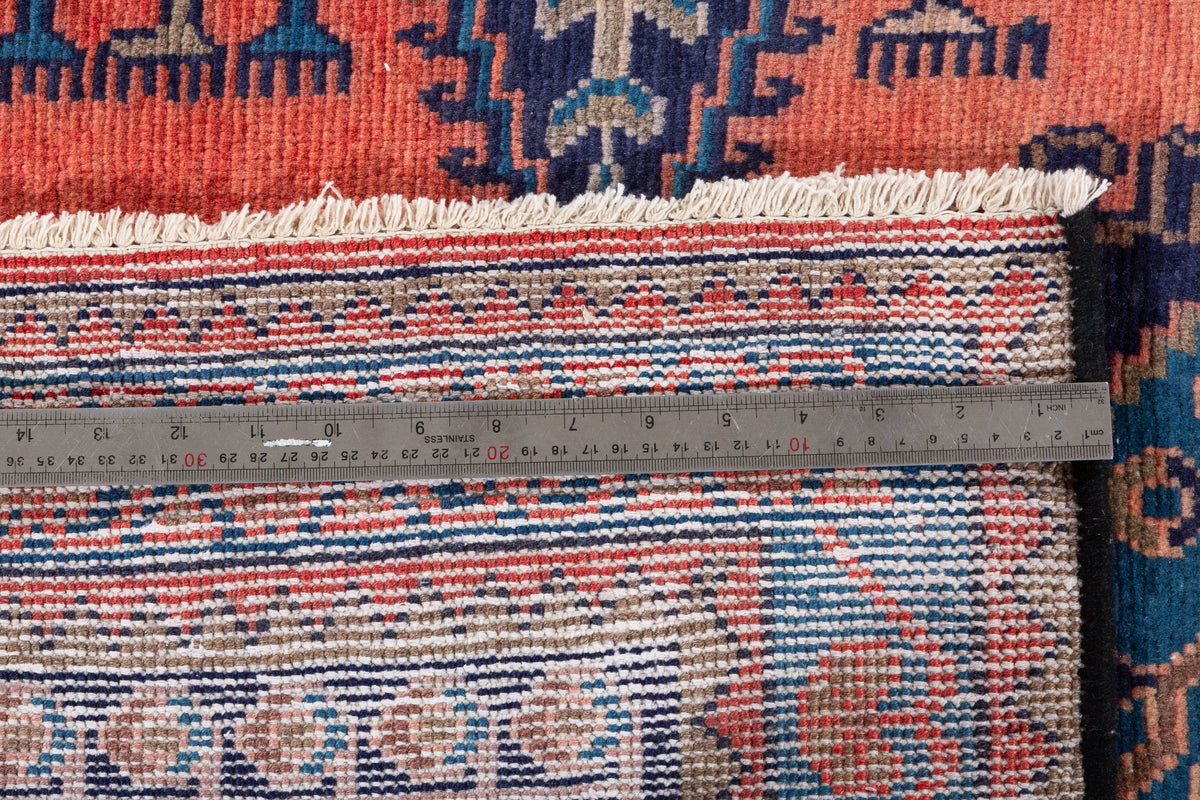 Collectible Vintage Orange and Blue Hexagonal Medallion Hand-Knotted Area Rug – 6' 7" x 3' 7" (200 x 108 cm)