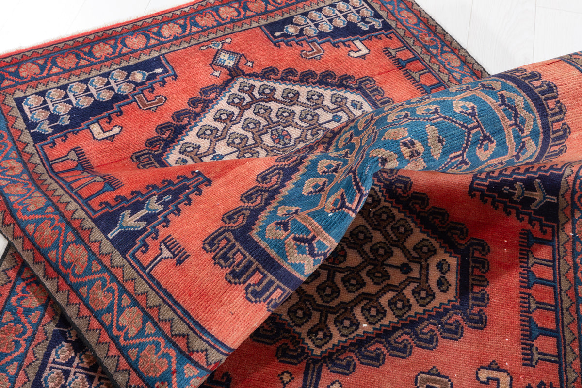 Collectible Vintage Orange and Blue Hexagonal Medallion Hand-Knotted Area Rug – 6' 7" x 3' 7" (200 x 108 cm)