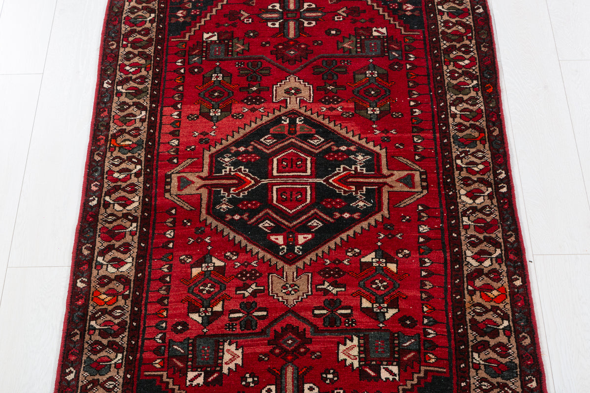 Vintage Red and Brown Diamond medallion Hand-Knotted Area Rug – 6' 6" x 3' 3" (199 x 100 cm)