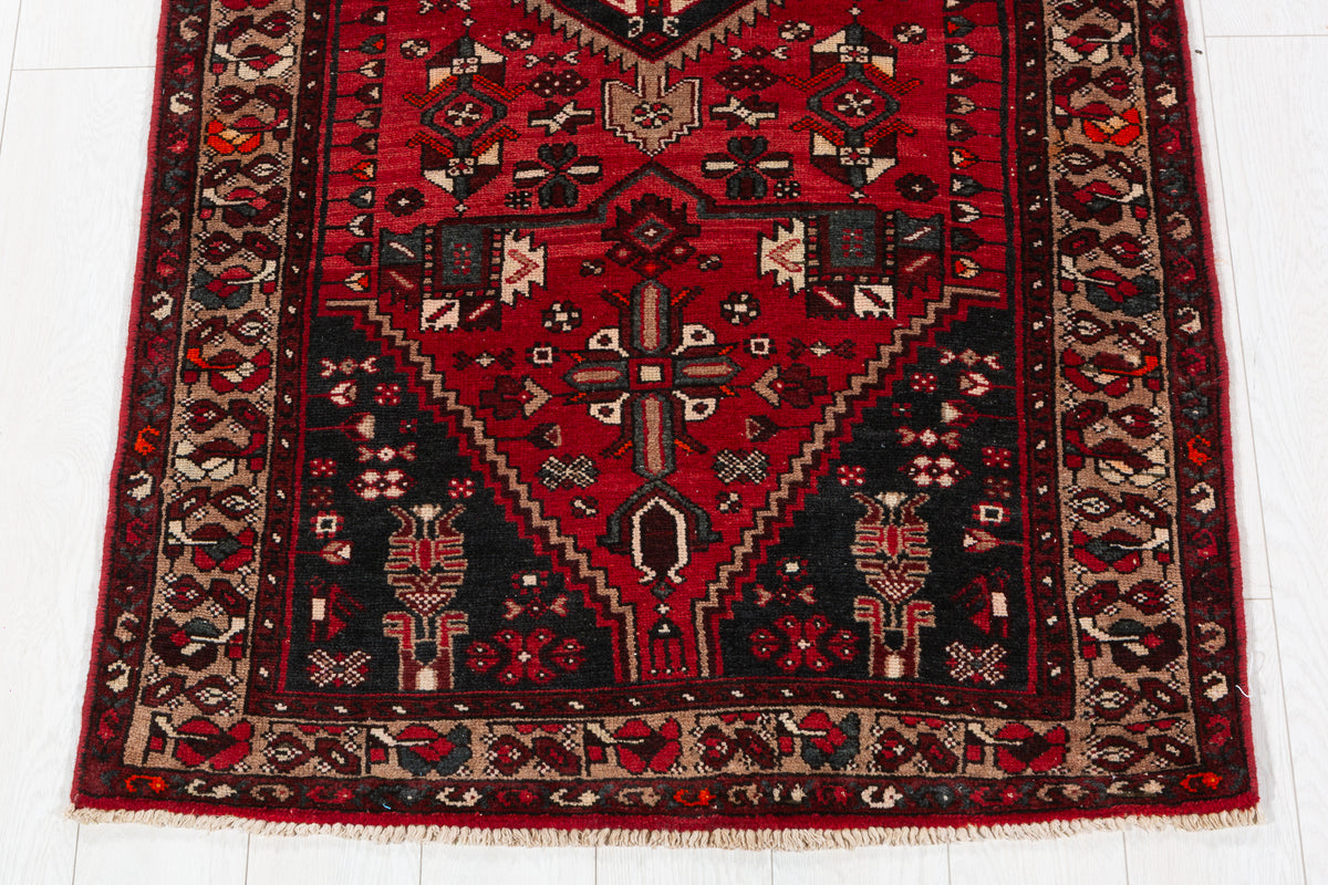 Vintage Red and Brown Diamond medallion Hand-Knotted Area Rug – 6' 6" x 3' 3" (199 x 100 cm)