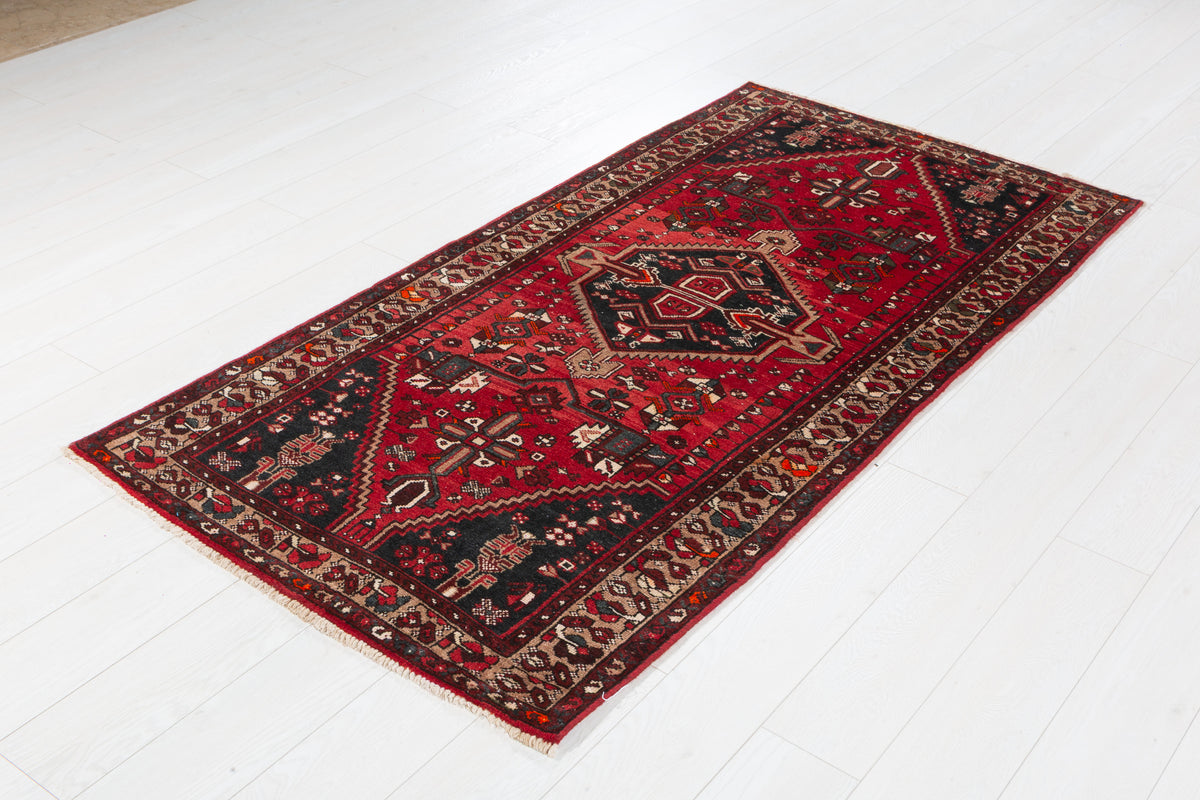 Vintage Red and Brown Diamond medallion Hand-Knotted Area Rug – 6' 6" x 3' 3" (199 x 100 cm)