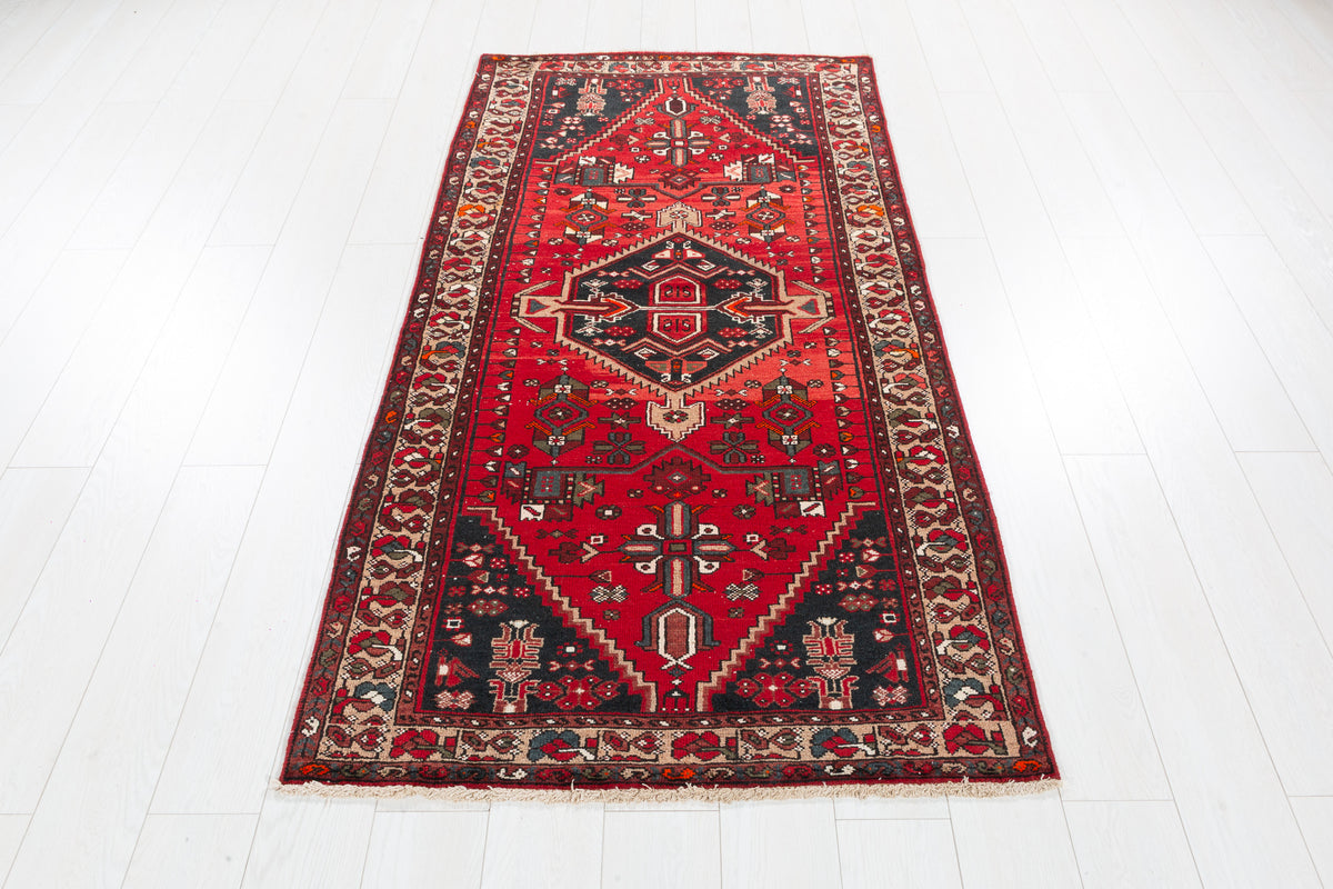 Vintage Red and Brown Diamond medallion Hand-Knotted Area Rug – 6' 6" x 3' 3" (199 x 100 cm)