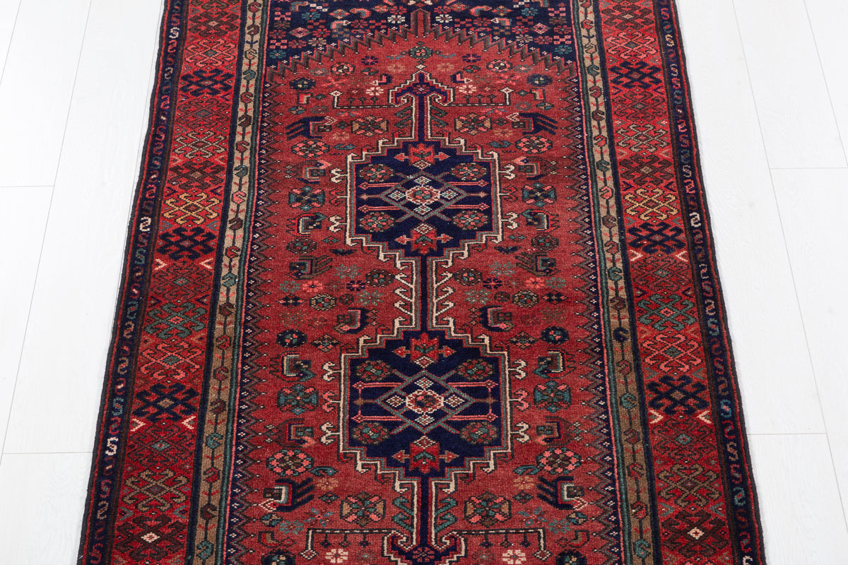 Vintage Rust Red and Navy Blue Medallion Hand-Knotted Area Rug – 6' 9" x 3' 5" (205 x 104 cm)