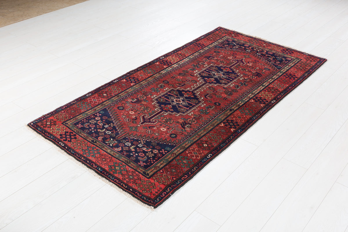 Vintage Rust Red and Navy Blue Medallion Hand-Knotted Area Rug – 6' 9" x 3' 5" (205 x 104 cm)