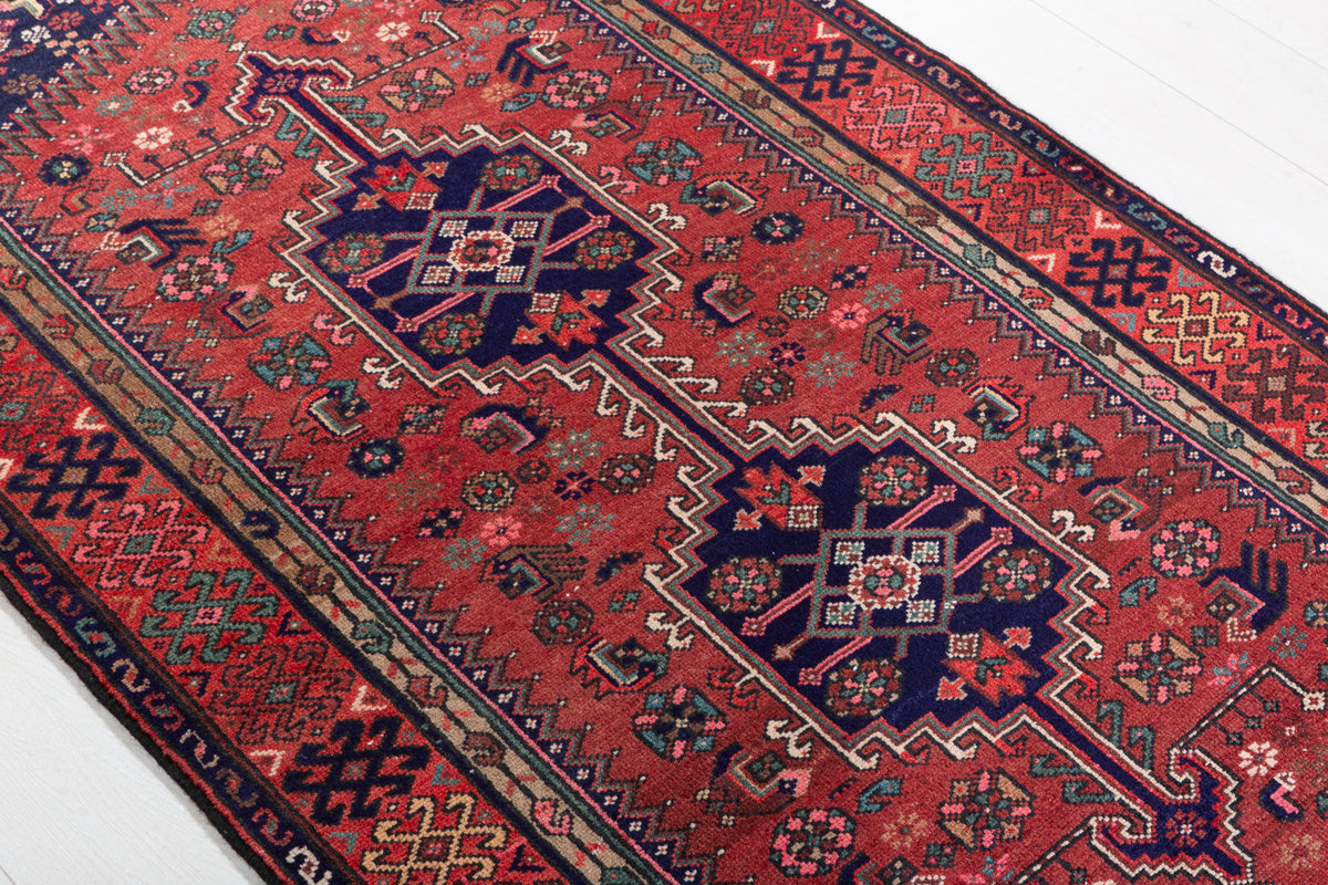 Vintage Rust Red and Navy Blue Medallion Hand-Knotted Area Rug – 6' 9" x 3' 5" (205 x 104 cm)
