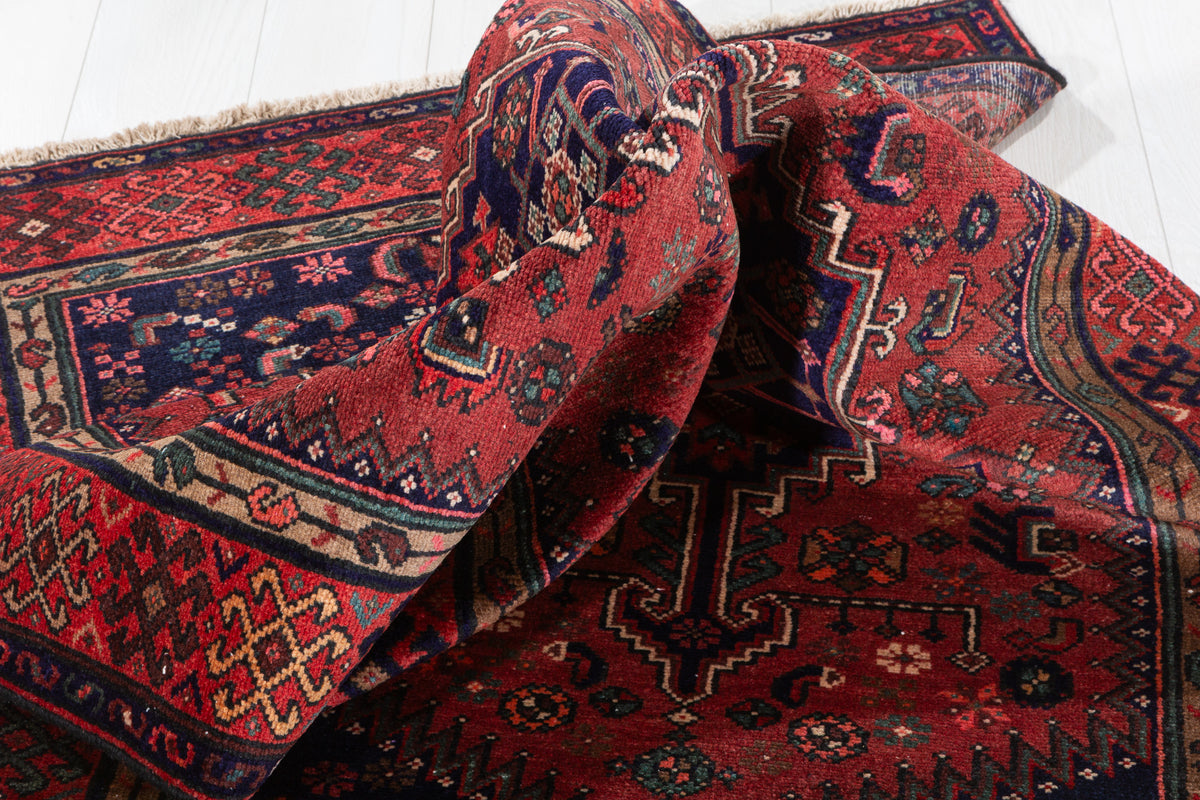 Vintage Rust Red and Navy Blue Medallion Hand-Knotted Area Rug – 6' 9" x 3' 5" (205 x 104 cm)
