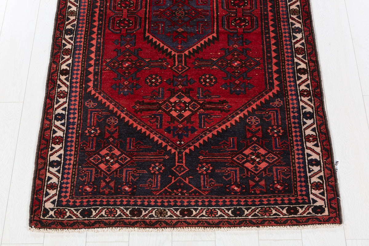 Vintage Red and Navy Blue Medallion Hand-Knotted Area Rug – 6' 5" x 3' 7" (196 x 108 cm)