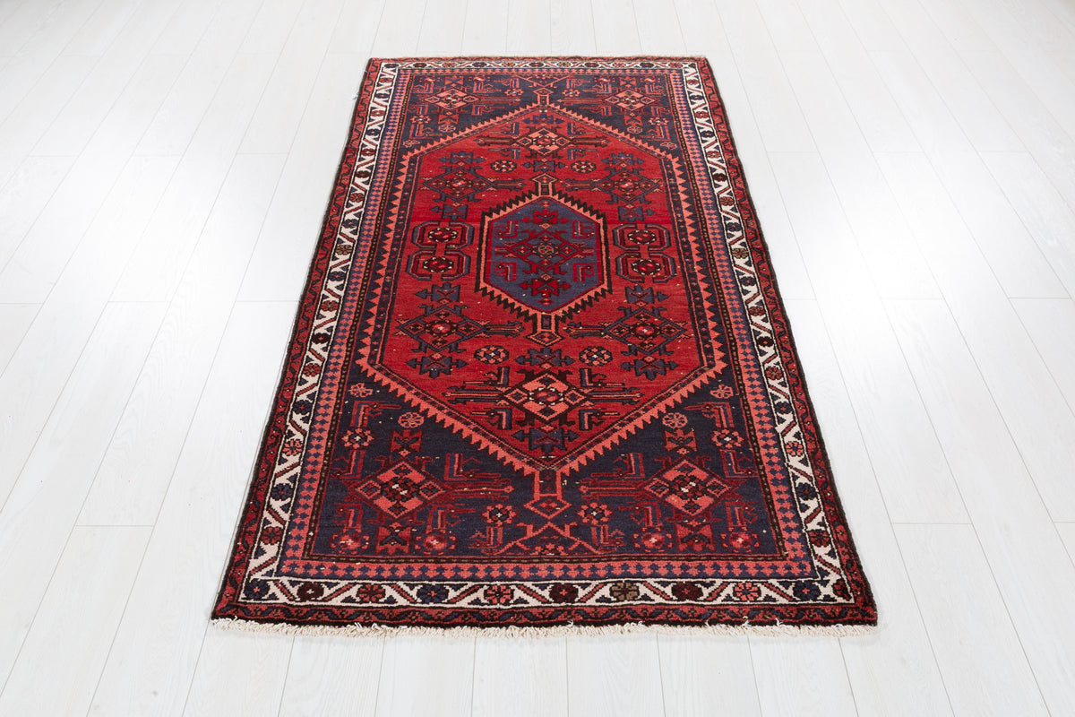 Vintage Red and Navy Blue Medallion Hand-Knotted Area Rug – 6' 5" x 3' 7" (196 x 108 cm)