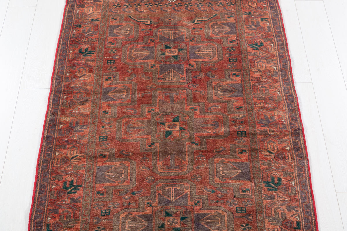 Vintage Faded Brick Red Allover Geometric Hand-Knotted Area Rug – 6' 7" x 3' 7" (201 x 109 cm)