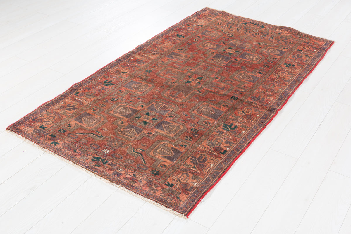 Vintage Faded Brick Red Allover Geometric Hand-Knotted Area Rug – 6' 7" x 3' 7" (201 x 109 cm)