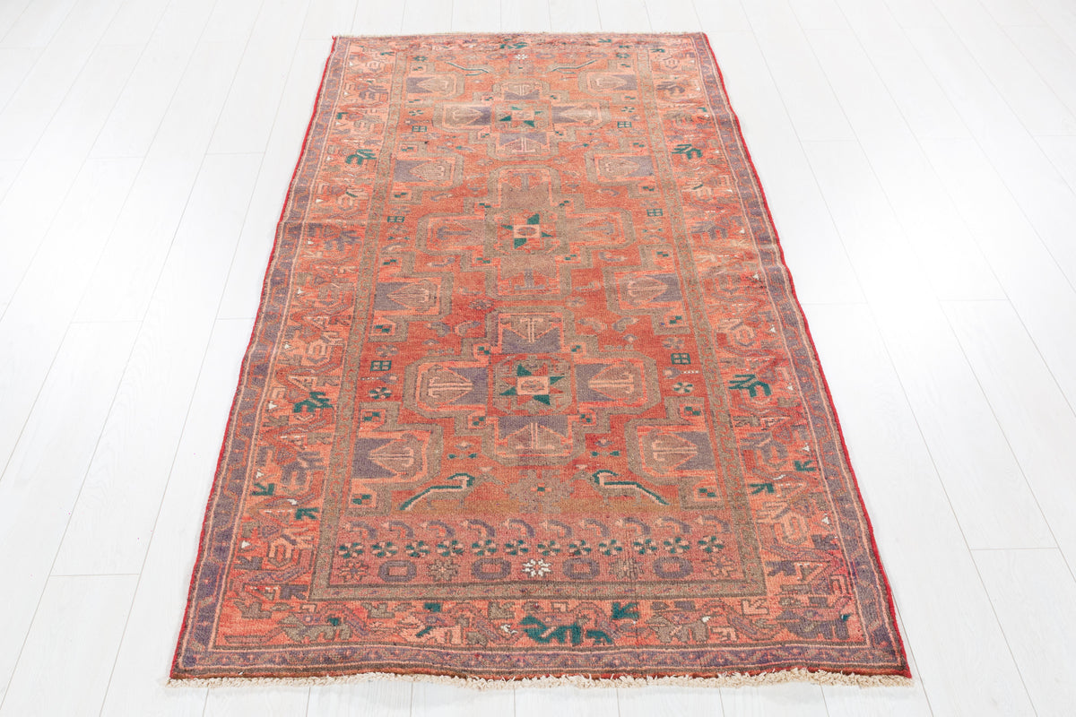 Vintage Faded Brick Red Allover Geometric Hand-Knotted Area Rug – 6' 7" x 3' 7" (201 x 109 cm)