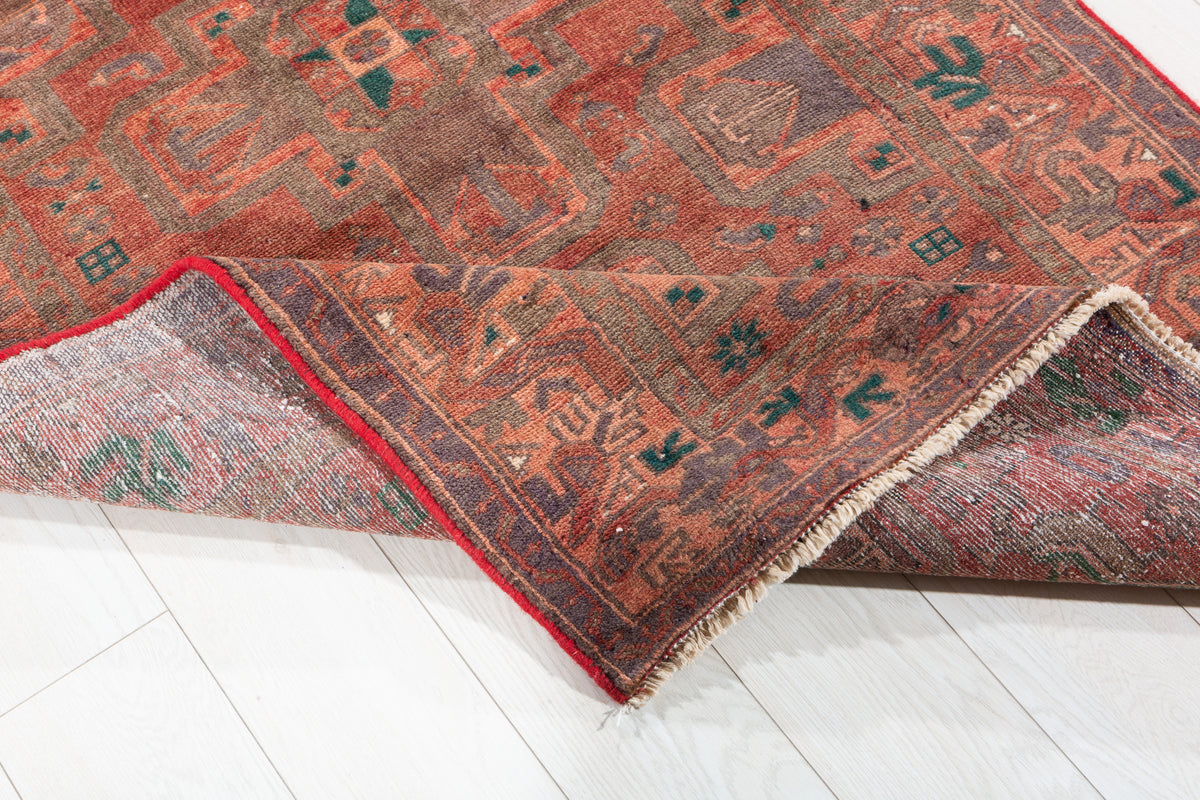 Vintage Faded Brick Red Allover Geometric Hand-Knotted Area Rug – 6' 7" x 3' 7" (201 x 109 cm)